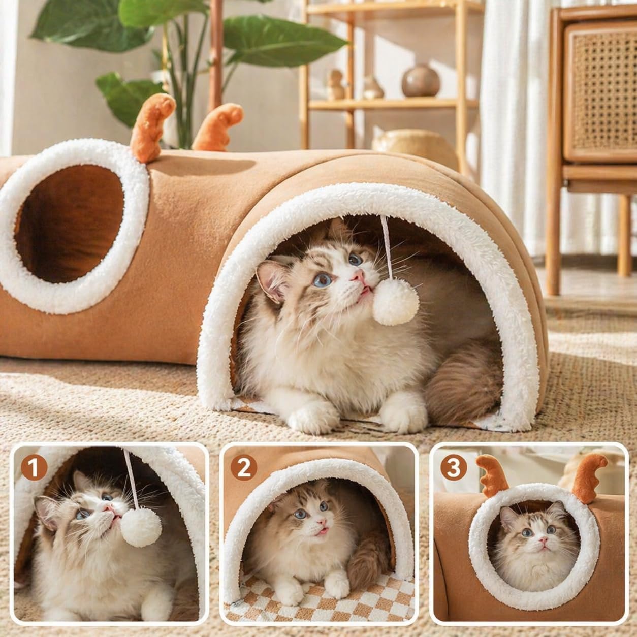 Cat Tunnel Bed for Indoor Cats, Removable Cute Cat Tunnel for Small Large Cats with Plush Balls Toys, Peekaboo Pet Cave Play Tunnel for Kitten, Puppy, Rabbit(Brown,X-Large)