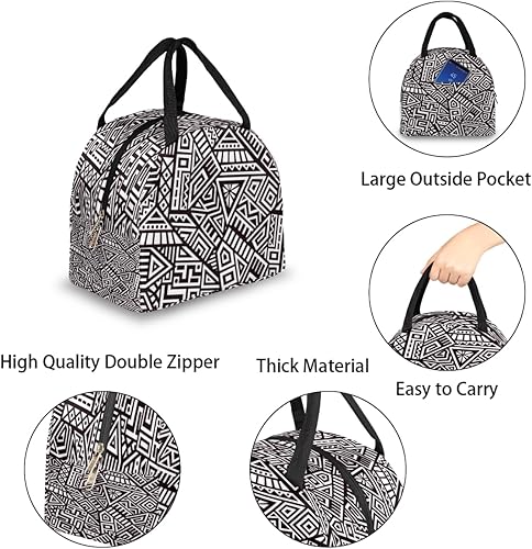 Miniatura 5 de Bolsa de almuerzo triangular geométrica para mujeres y hombres, lonchera aislada en blanco y negro, pequeña a prueba de fugas, linda lonchera