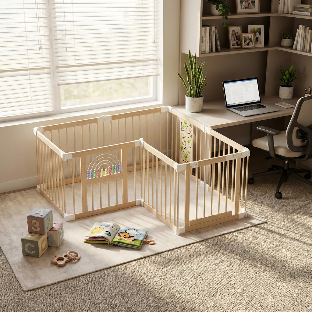 Aufun Laufgitter Laufstall Baby, Faltbar Absperrgitter aus Holz mit Tür, 8 Elemente Individuell Formbar Krabbelgitter Schutzgitter Aktivitätszentrum für Kleinkinder, Ohne Fußmatte