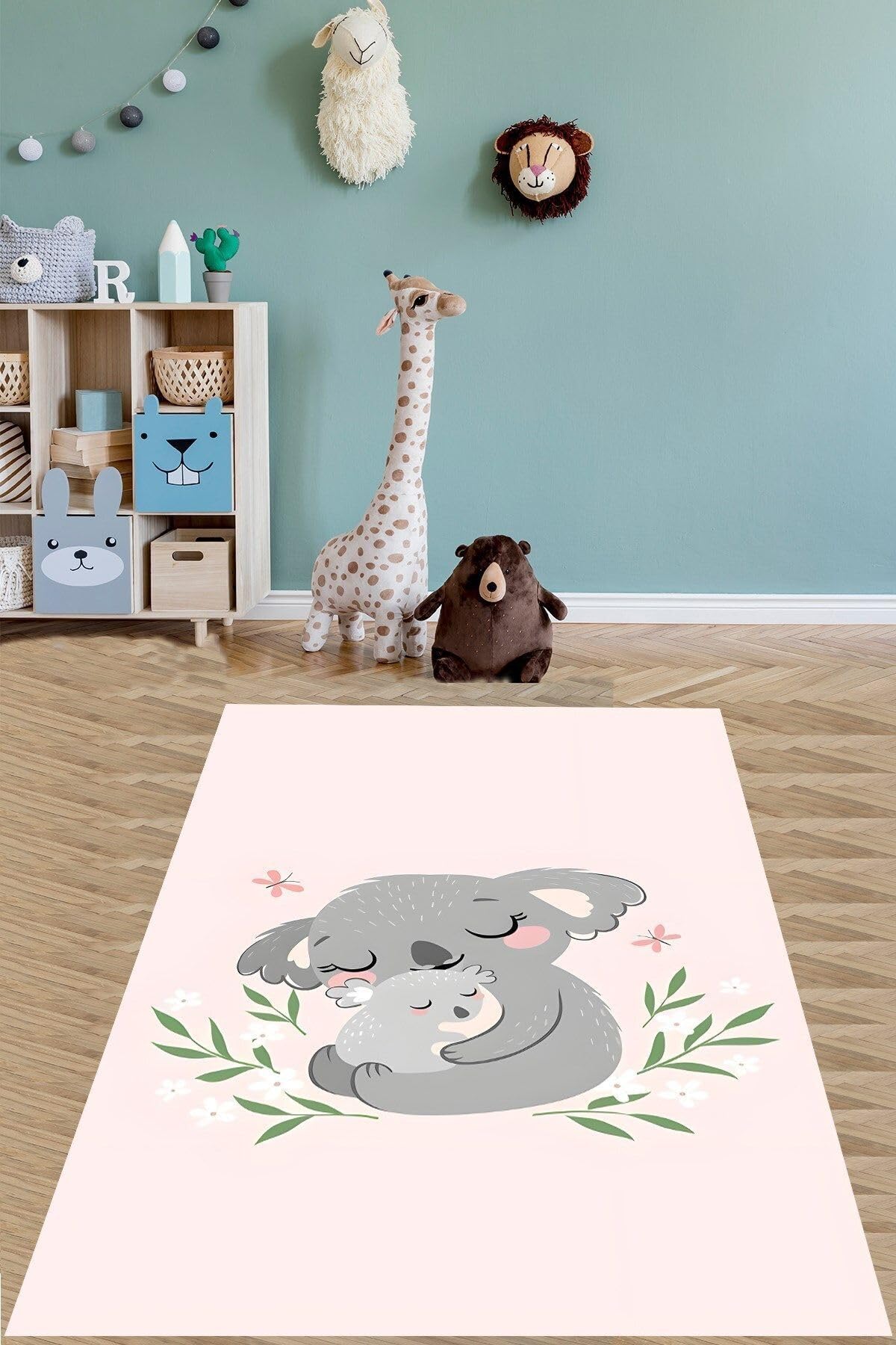 Pelangi Koala ve Yavru Koala Hayvan Desenli Yıkanabilir Kaymaz Taban Leke Tutmaz Çocuk Odası Halısı, Pembe-Gri 120 x 180, 9076420233120180