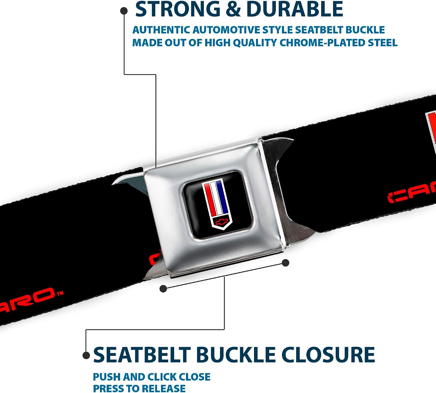 Buckle-Down Seatbelt Belt - CAMARO Badge Logo REPEAT - 1.0" Wide - 20-36 Inches in Length