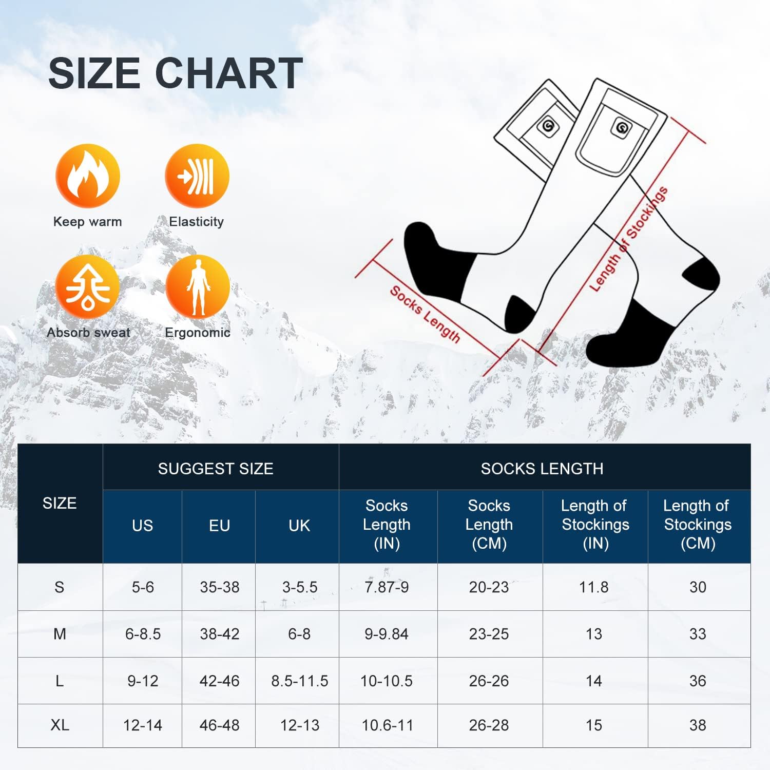 Chaussettes chauffantes pour homme et femme - Rechargeables, thermiques et électriques par temps froid - Chaudes pour la course, la marche, le camping, la randonnée, l'entraînement, le travail, le ski