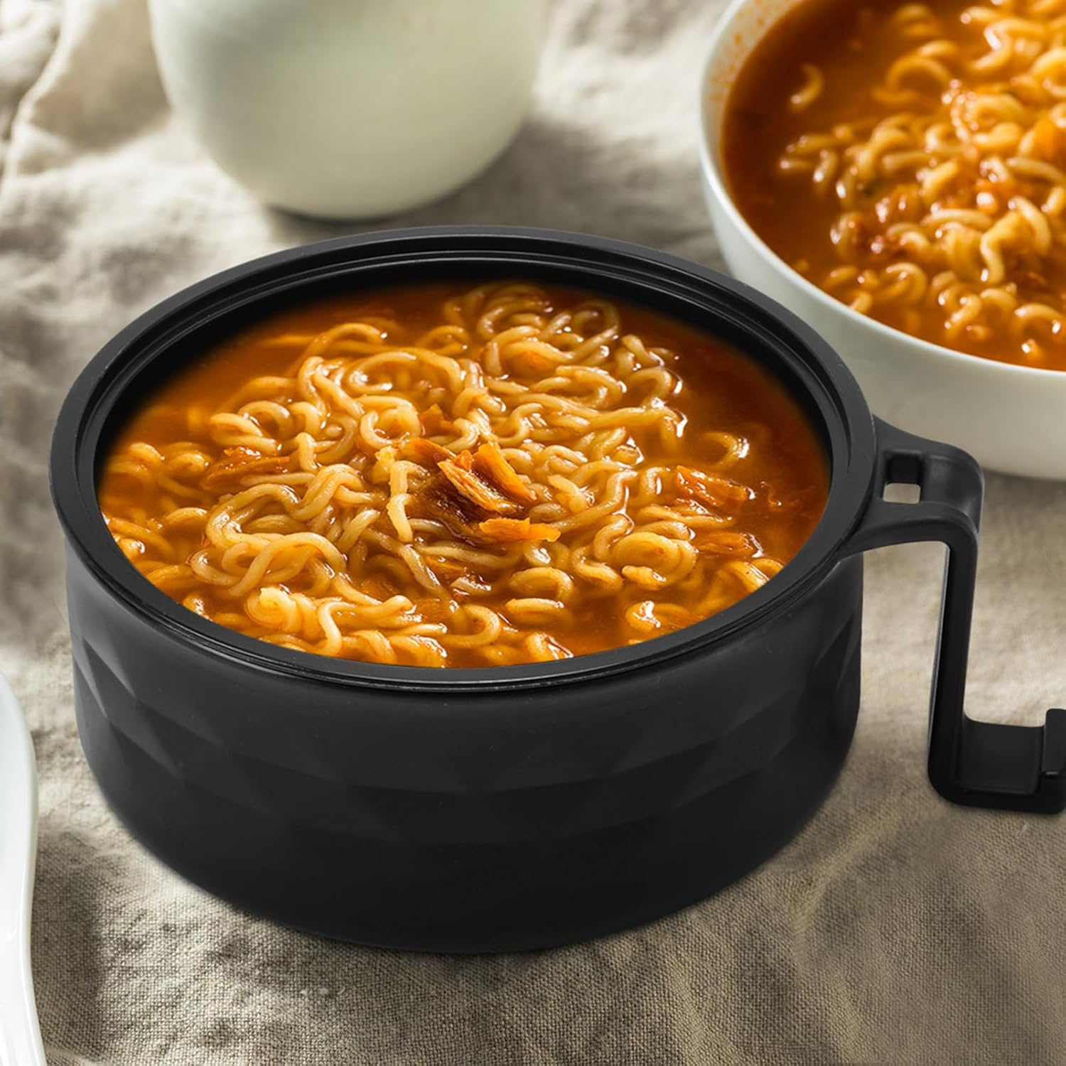 2 Sets Microwave Ramen Bowl 40 oz Wheat Fiber Portable Instant Noodle Cooker Bowl with Handles Strainer Spoon Chopstick Fork College Dorm Room Apartment Essentials(Black,Dark Blue)