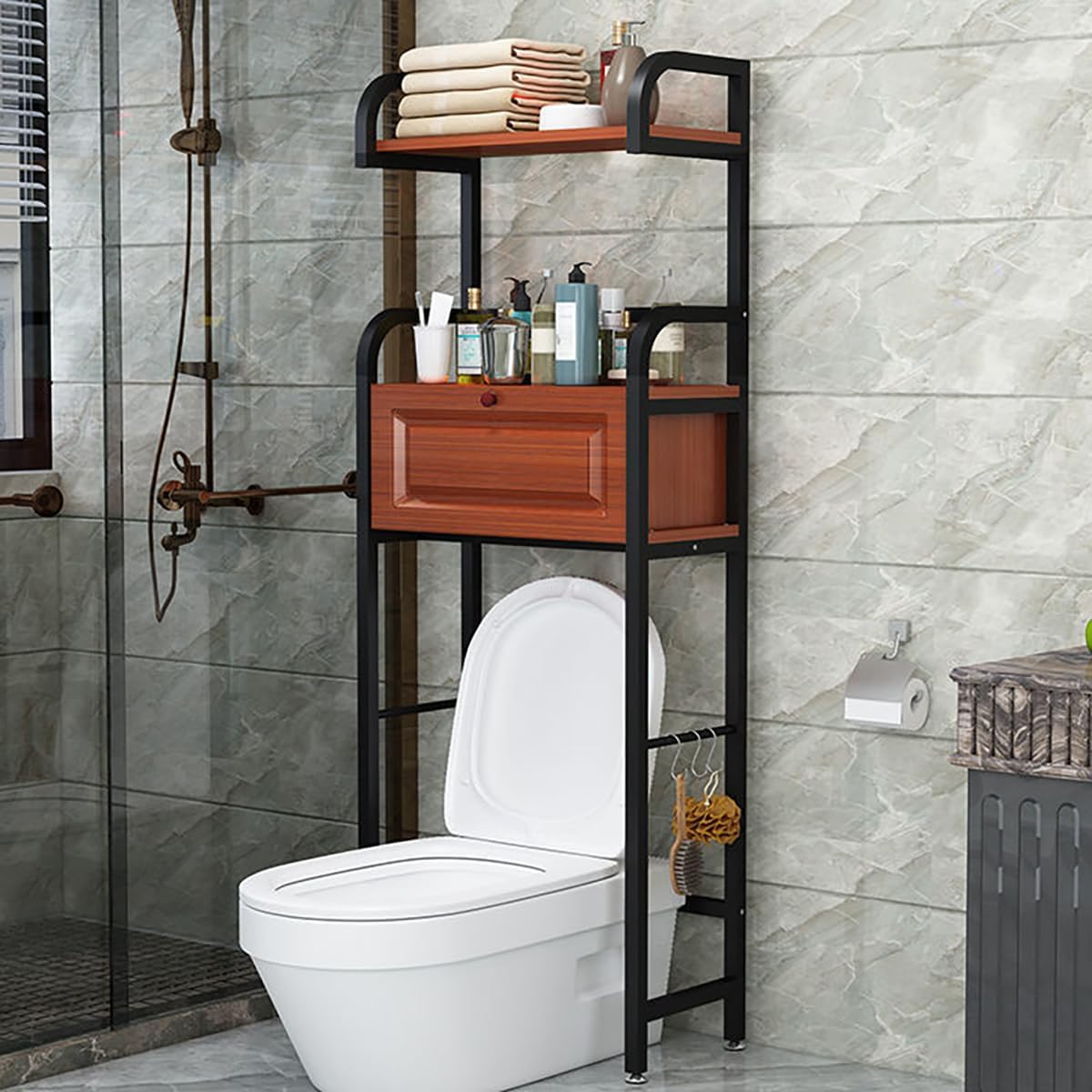 Toilet Storage Shelf with Cabinet, Over Toilet Bathroom Organizer, Bathroom Over Toilet Storage with 3-Tier Bathroom Shelves Space Saver Toilet Shelf,Brown