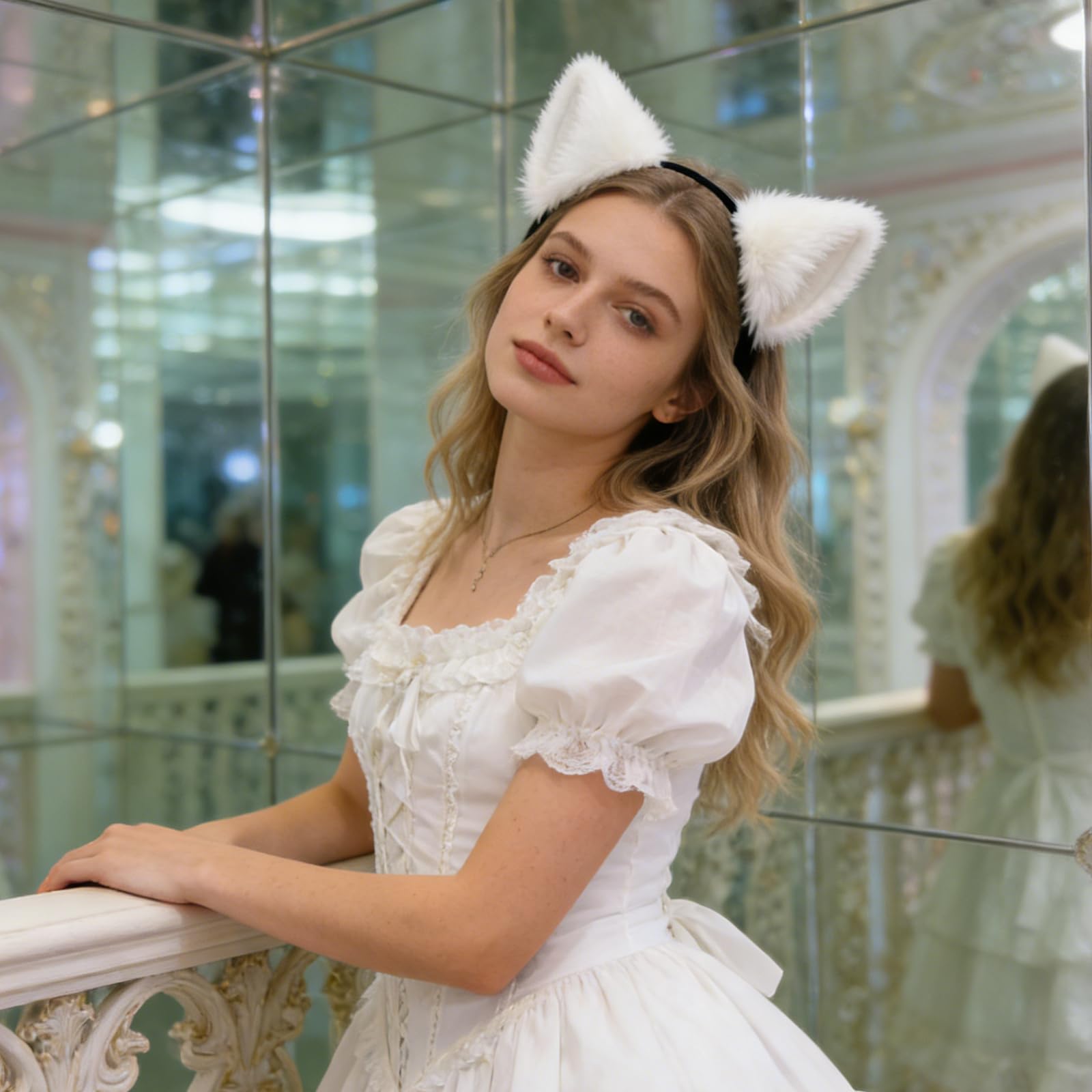 KBSICWO Faux Fur Fox Cat Ears Headband, Realistic White Fluffy Cat Ear Headband - Image 4