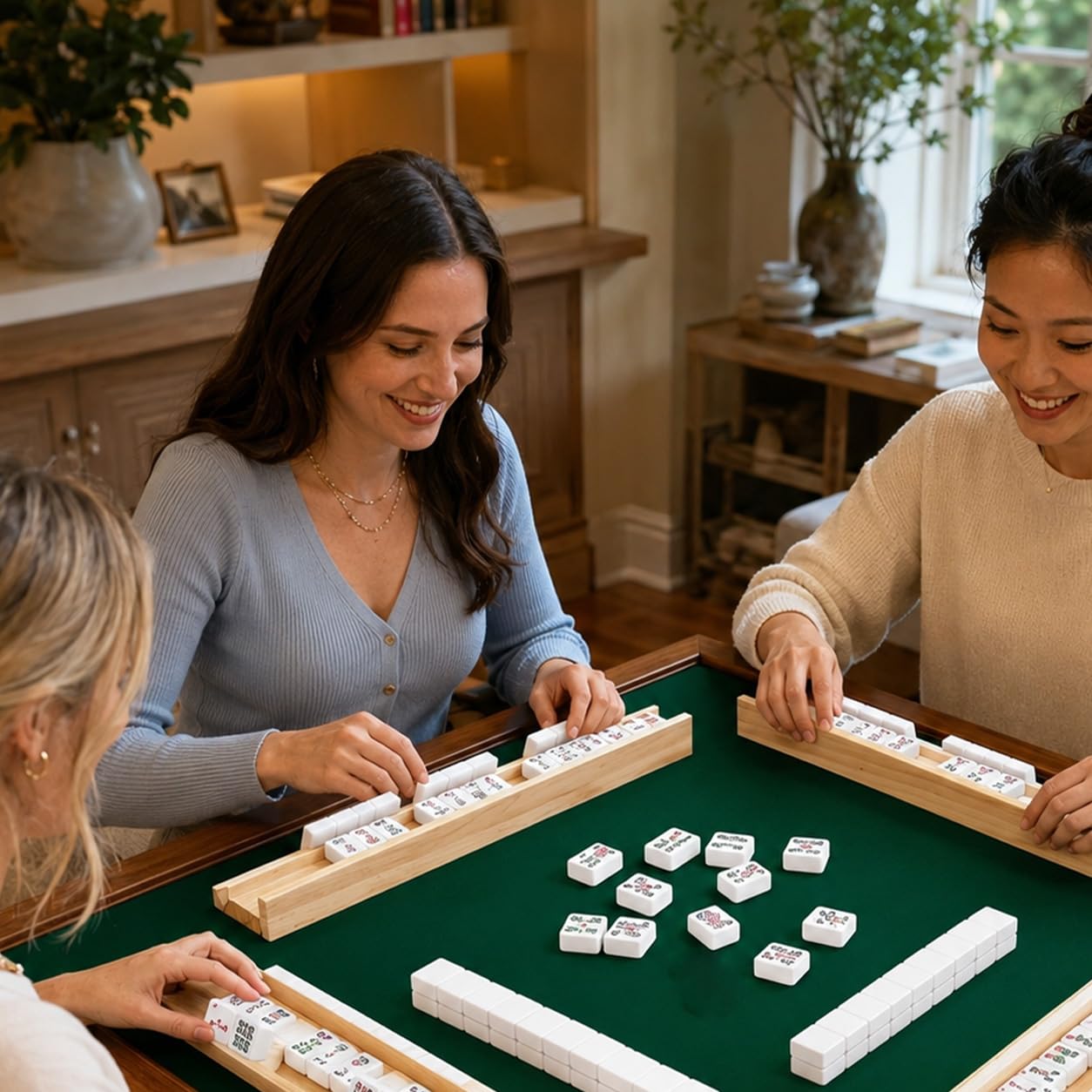 Magic Lot de 4 supports de mahjong en bois avec poussoirs magnétiques, 44,2 cm en bois naturel, accessoires de jeu de table modernes pour carreaux de mahjong