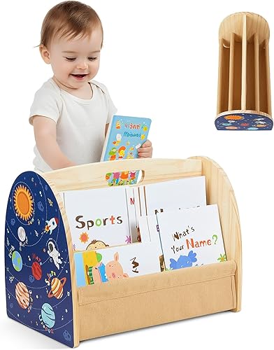 Miniatura 8 de Estantería infantil SheSeek de doble cara con 4 niveles de fundas profundas, estante de libros de madera para niños Montessori para habitación de