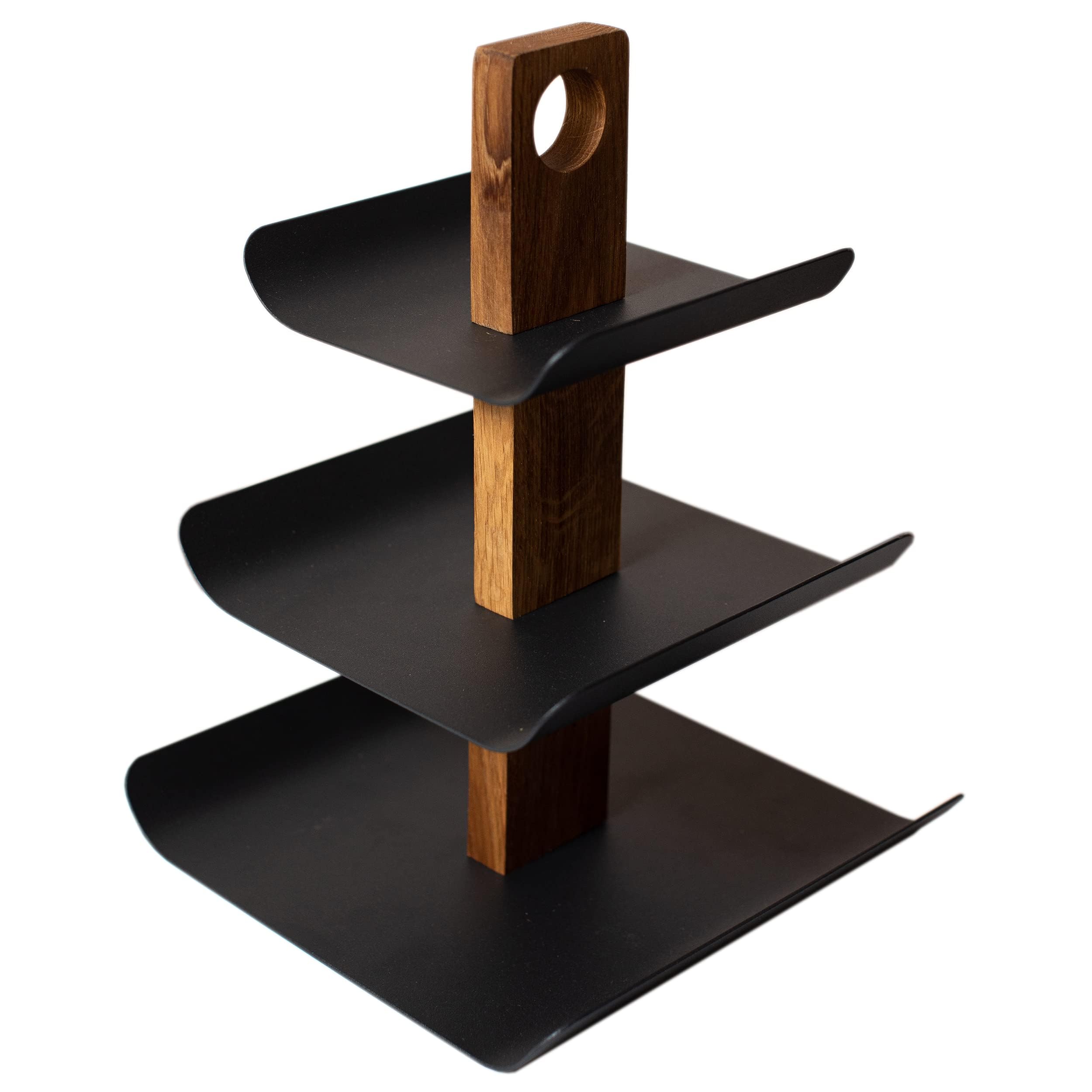 B4K® Présentoir à 3 Étages en Bois de Chêne et Métal – Bol à Fruits et Plateau de Service Élégant 2-en-1, Idéal pour Fruits, Gâteaux, Bonbons, Pain et Snacks (33 x 24 cm)