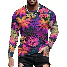 Men Hawaiian Leaves Print Long Sleeve T-Shirt Loose Fit Crew Neck Shirts