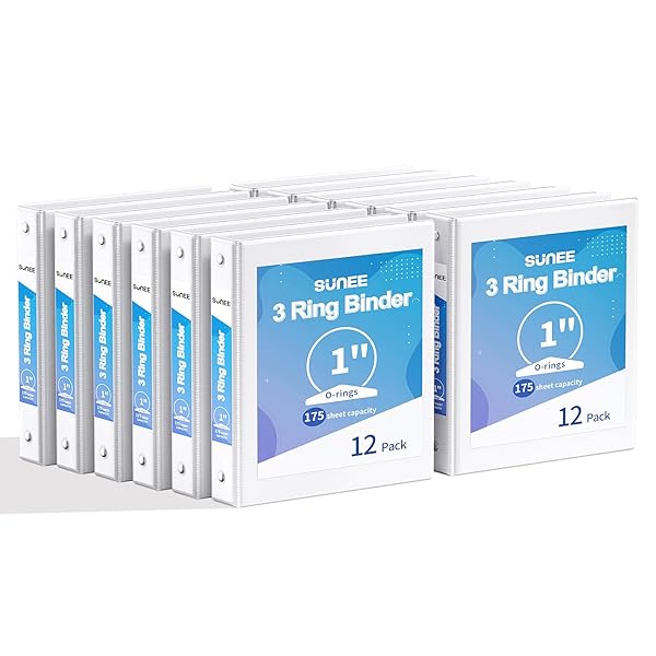 SUNEE 3 Ring Binders 1 Inch 12 Pack, Clear View Binders Bulk Three Ring PVC-Free (Fit 8.5x11 Inches) for School or Office Supplies, White