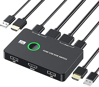 Ozvavzk KVM Switch HDMI, 2 Port Box USB HDMI Switch Support 4K 60Hz for 2 Computers Share Keyboard Mouse Printer and one HD Monitor, Includes 2 USB Cables and 2 HDMI Cables