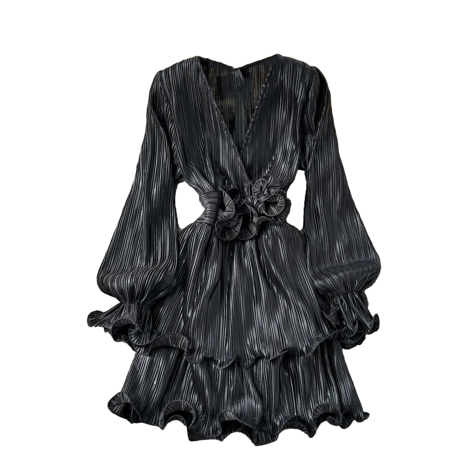 Women Ruffle Pleated Dress Stylish Office Party V-Neck Mid Length Dress