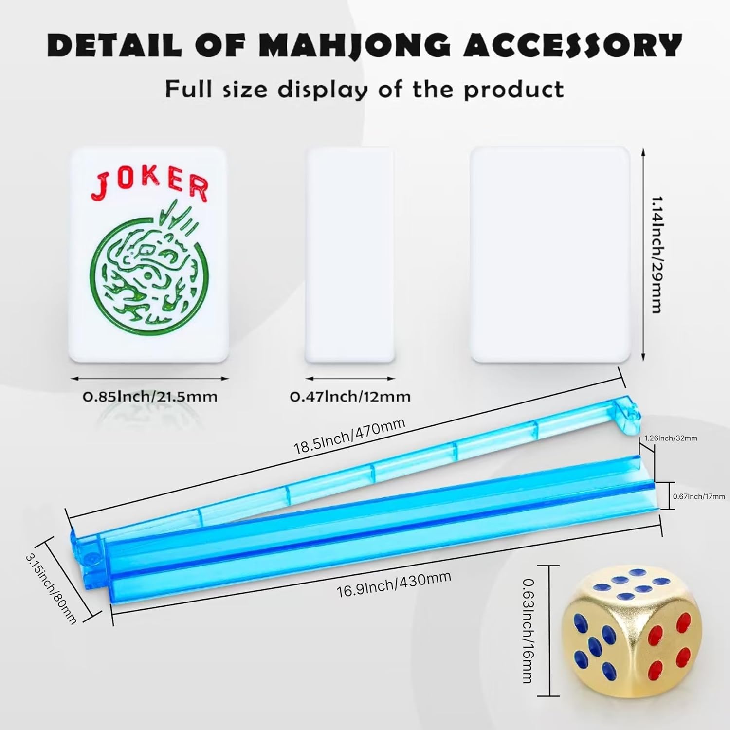 American Mahjong Tile Set, Mah Jong Set Complete with Blue Bag, 166 White Tiles with Golden Dices for Travel, 4 All-in-One Mahjong Racks with Pushers