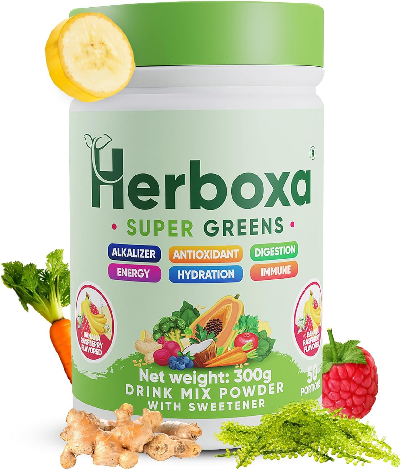 Herboxa SUPER GREENS 50 Servings Banana Raspberry Flavour Zinc Chrome Chicory Root Powder Supplement