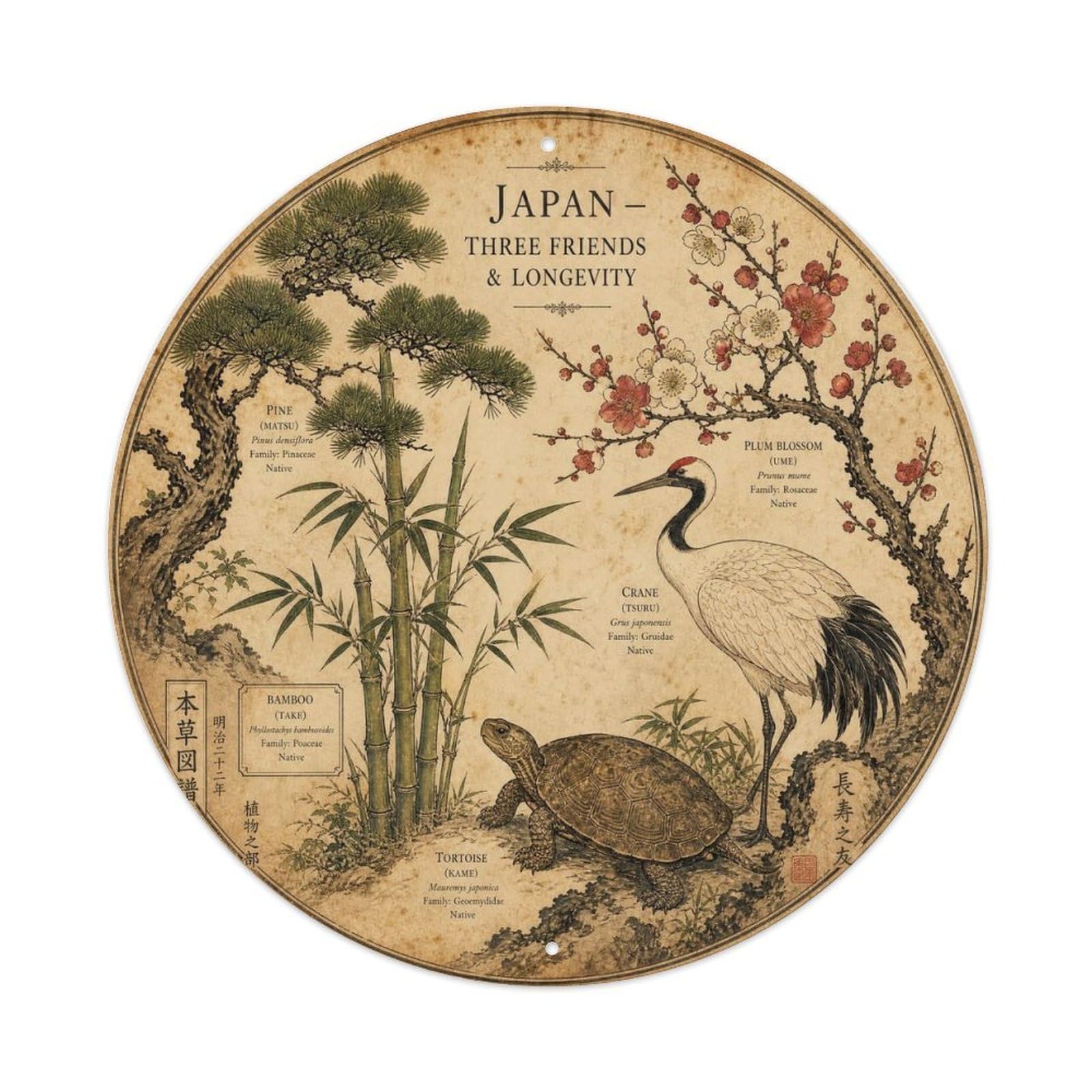 Olyhtr 8X8inch Classic Style Meiji Japan Three Friends Crane Tortoise Ceramic Metal Tin Sign