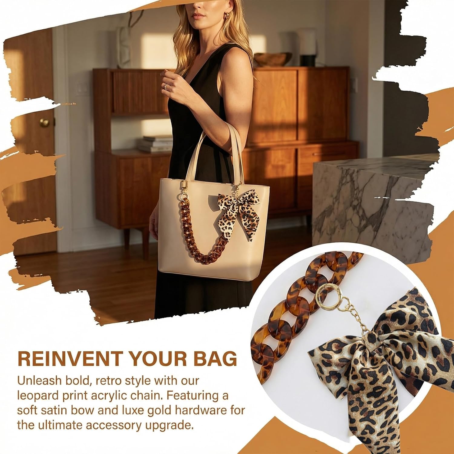 Dilrlet Acrylic Leopard Print Purse Chain for Women with Scarf Bow