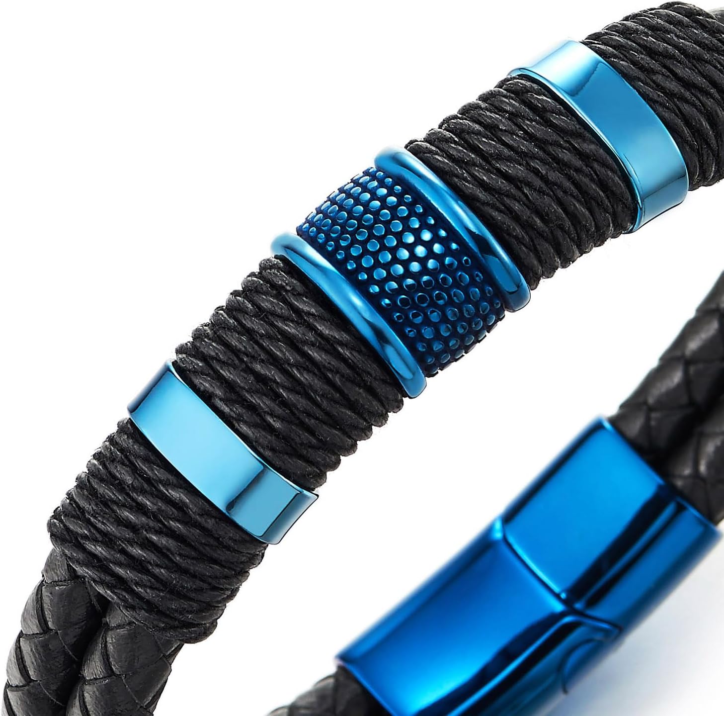 COOLSTEELANDBEYOND Men's Leather Bracelet, Braided Two-Row Band, Rope and Steel Charms, Modern Stylish - Image 3