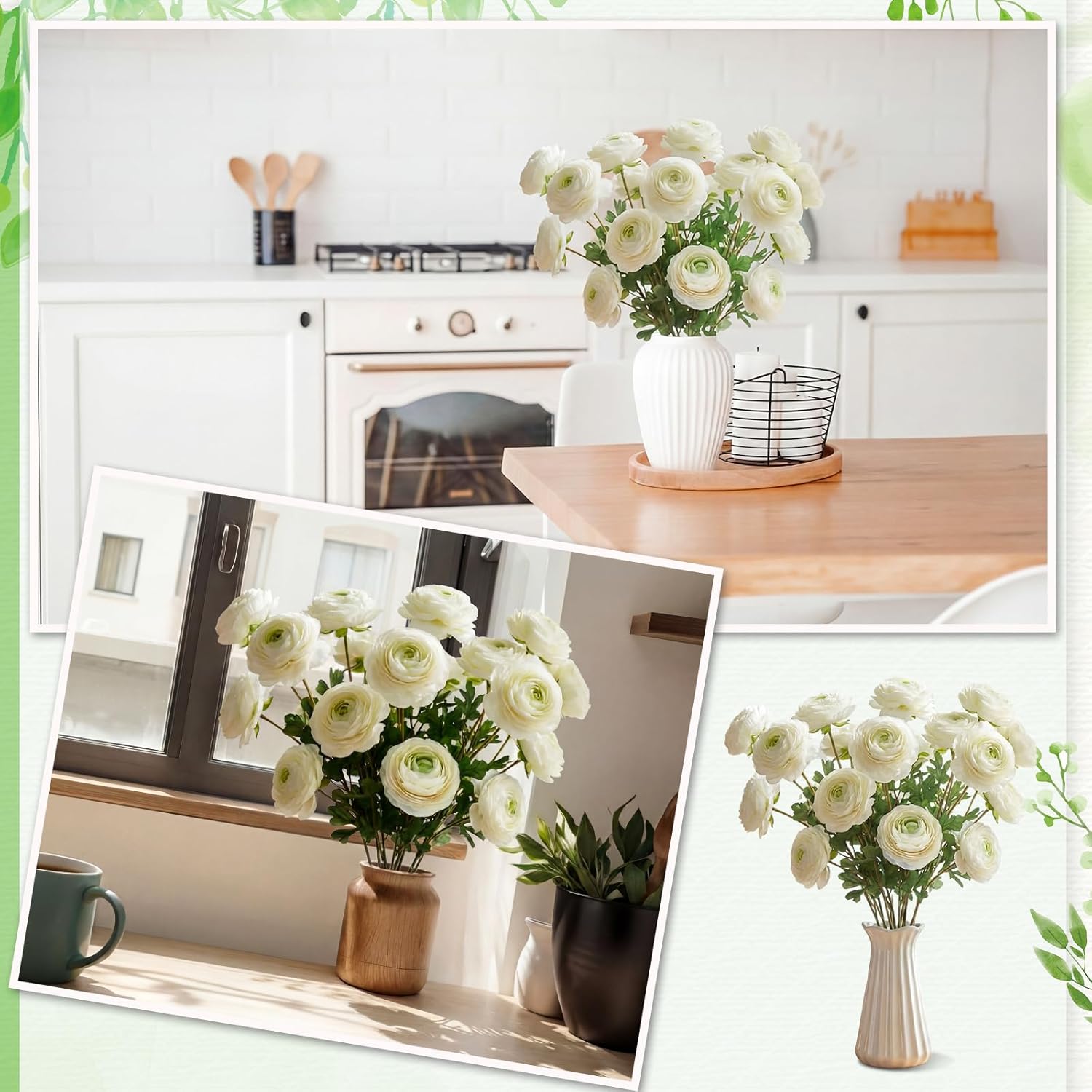 Hotop 3 Packs Faux White Ranunculus Flower Branch Spray with 39 Heads 22 Inch Spring Artificial Arrangement Ranunculus Bloom & Leaf Flower Bouquet Stems for Vase Wedding Party Home Decoration