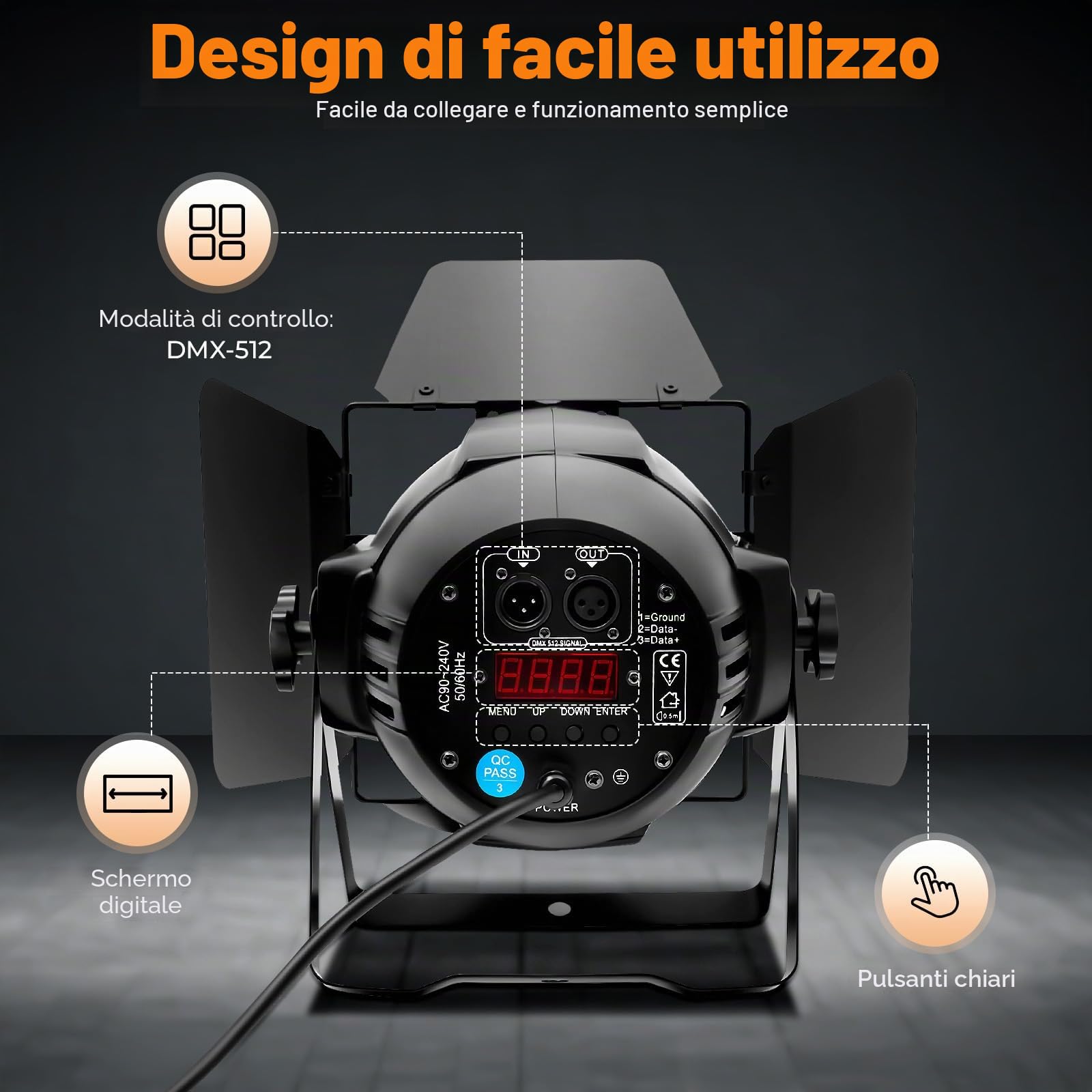 Faretto 2 in 1 LED, da 200 W COB, ideale per l’illuminazione da palcoscenico e per esterni, con grado di protezione IP64, con modalità di controllo DMX-512 Master/Slave, sound, auto