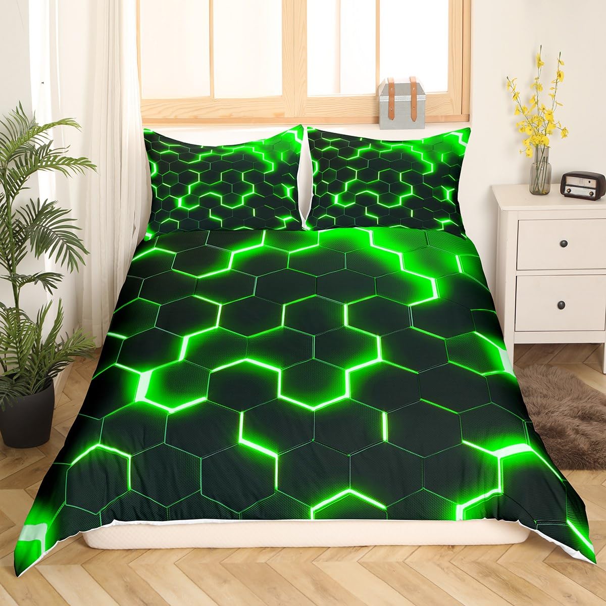 richhome Geometric Honeycomb Duvet Cover Double Size,Hexagon Abstract Bedding Set,Kids Boys Girls Adults Room Decor,Green Black Neon Light Comforter Cover,Modern Fashion Quilt Cover,2 Pillowcases - Image 4