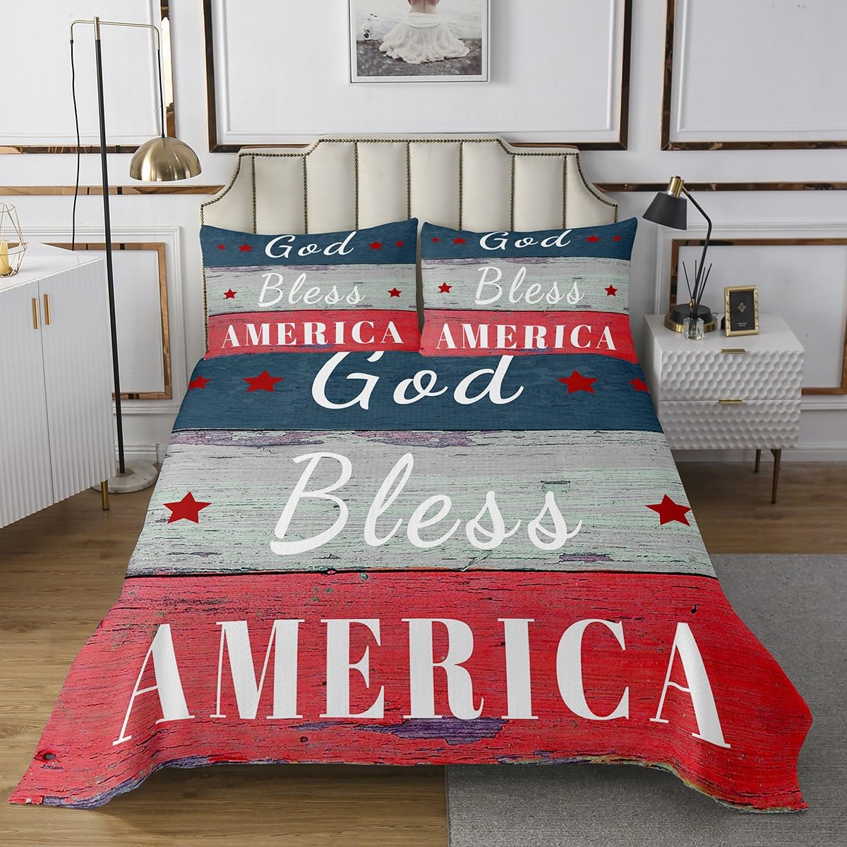jejeloiu July 4th Bedspread Queen Size Independence Day Coverlet Set for Kids American Flag Farmhouse Quilted Coverlet Soft Lightweight Microfiber Bedroom Decor