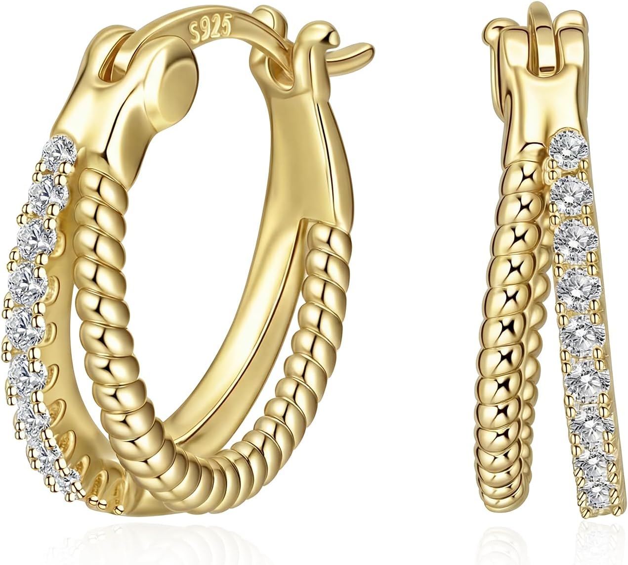 Hypoallergenic Sterling Silver Hoop Earrings for Women, 14K Gold Plated Double Hoops Earrings with Cubic Zirconia Pave Cluster Lightweight Hoops Earrings