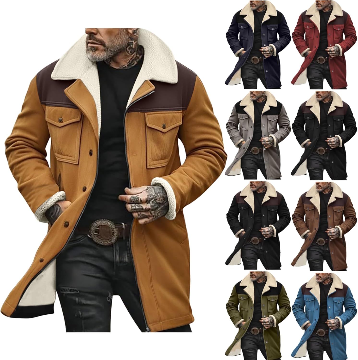 Leather Jacket Men Vintage Western Suede Jacket Fleece Sherpa Long Coat Button down Faux Fur Winter Coat with Pockets