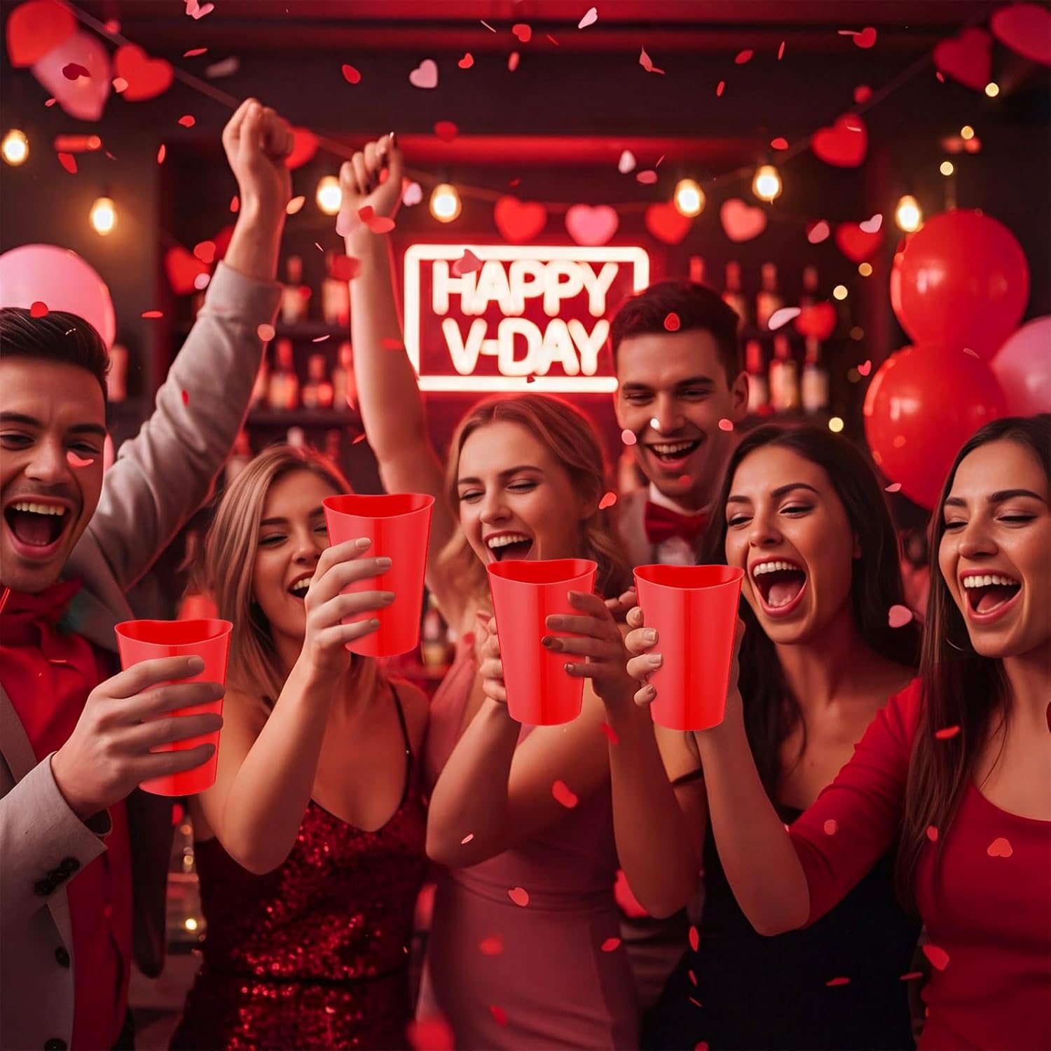 Qinyoung 100 Pcs Valentines Heart Shaped Plastic Cups Bulk 12 oz Plastic Heart Wine Cups Reusable Pink Red Galentines Party Cup for Wedding Birthday Drinking Beverage Party Supplies(Red)