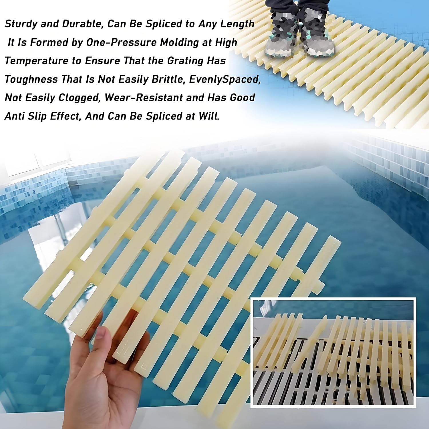 Generico Griglia di Troppo Pieno per Lo Scarico della Piscina - Confezione da 5 Pezzi, 18x100 cm, Copertura Rettangolare in ABS per patii, vialetti e Bordi Piscina, griglia di Scarico Resistente per