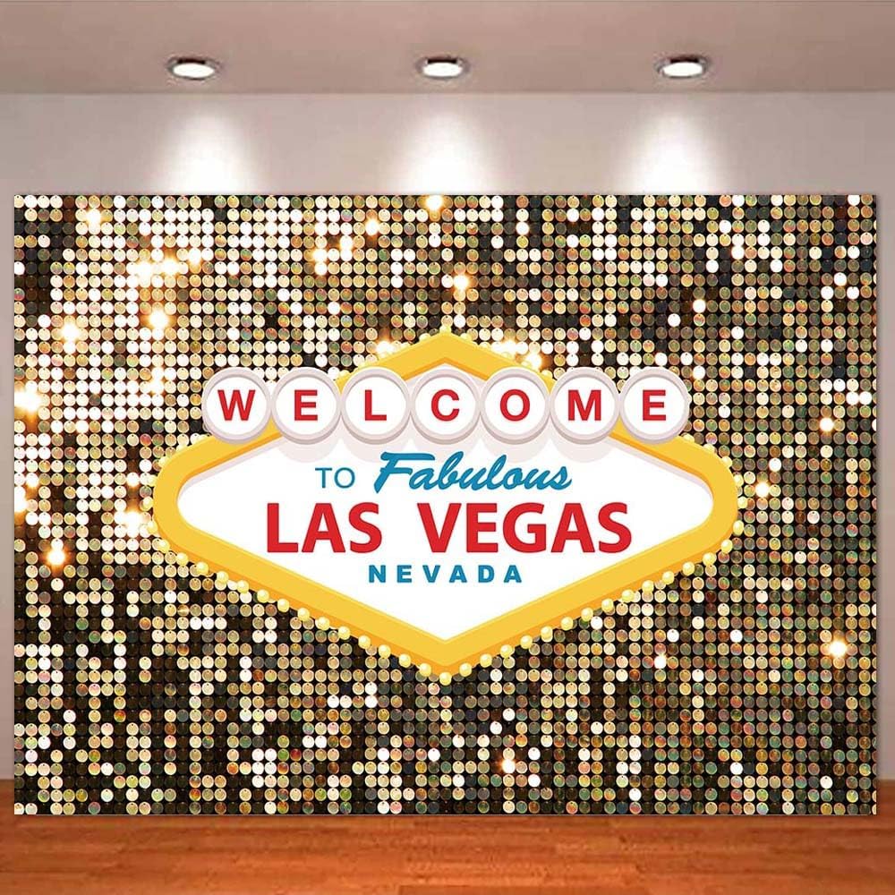 MAQTT7X5FT Welcome to Fabulous Las Vegas Nevada Backdrop Photo Gold Glitter Casino Night Theme Party Background Photography Decoration Gold Luxury Ball Party Studio Props Banner