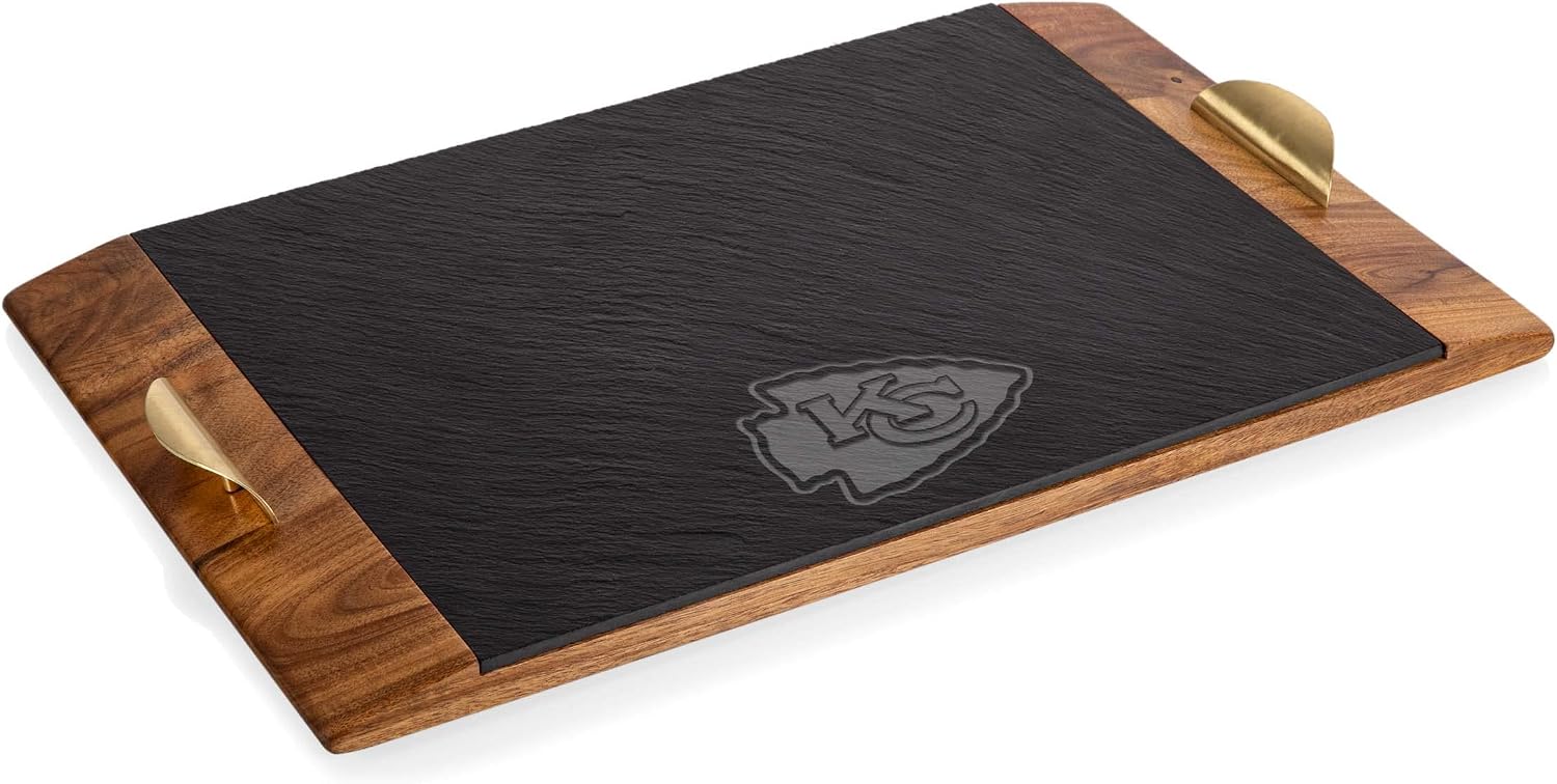 PICNIC TIME NFL Covina - Acacia and Slate Serving Tray, (Acacia Wood & Slate Black with Gold Accents), (Acacia Wood & Slate Black with Gold Accents)