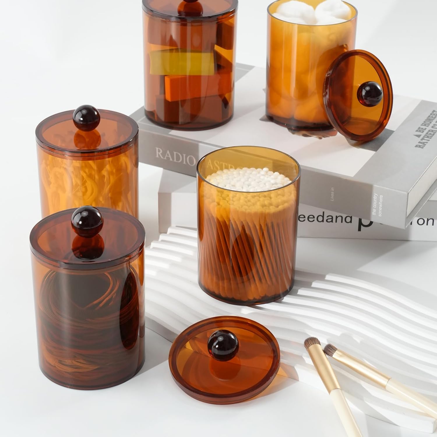 4 Pack Qtip Holder,Canister Apothecary Jar Set, Bathroom Jars with Lids Set for Cotton Swabs, Balls, Pads, Floss Picks,10oz-12oz Plastic Canisters Restroom Bedroom Vanity Organizer(Brown) - Image 5