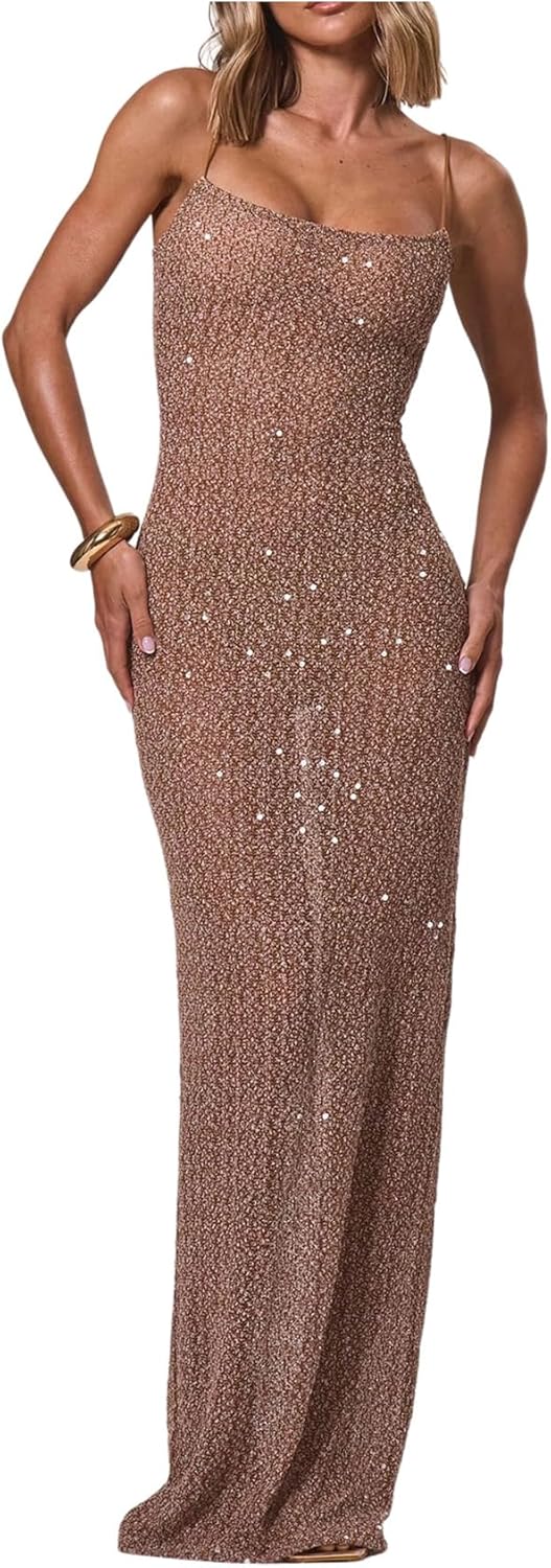 OYOANGLE Women's Spaghetti Strap Sparkly Sequin Mesh Cami Dress Sleeveless Fishtail Long Dresses
