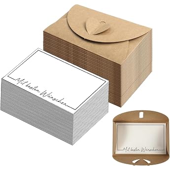 Mini Envelopes with Heart Closure (Set, 50 Envelopes, 50 Cards "With Best Wishes") Kraft Paper