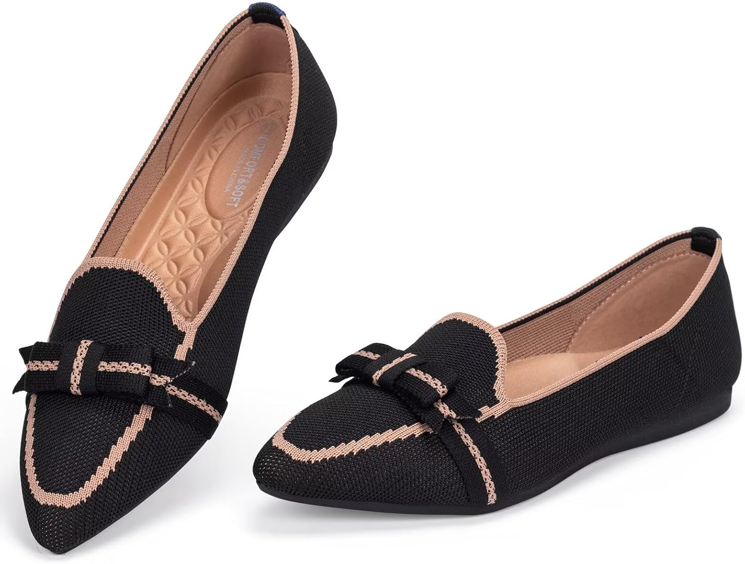 BEJINASH Women's Loafer Flats Casual Knit Fabric Lightweight Dressy Shoes Washable Elegant Pointed-Toe lace-up Bow Shoes Comfortable Ballet Shoes for Women Perfect for Daily