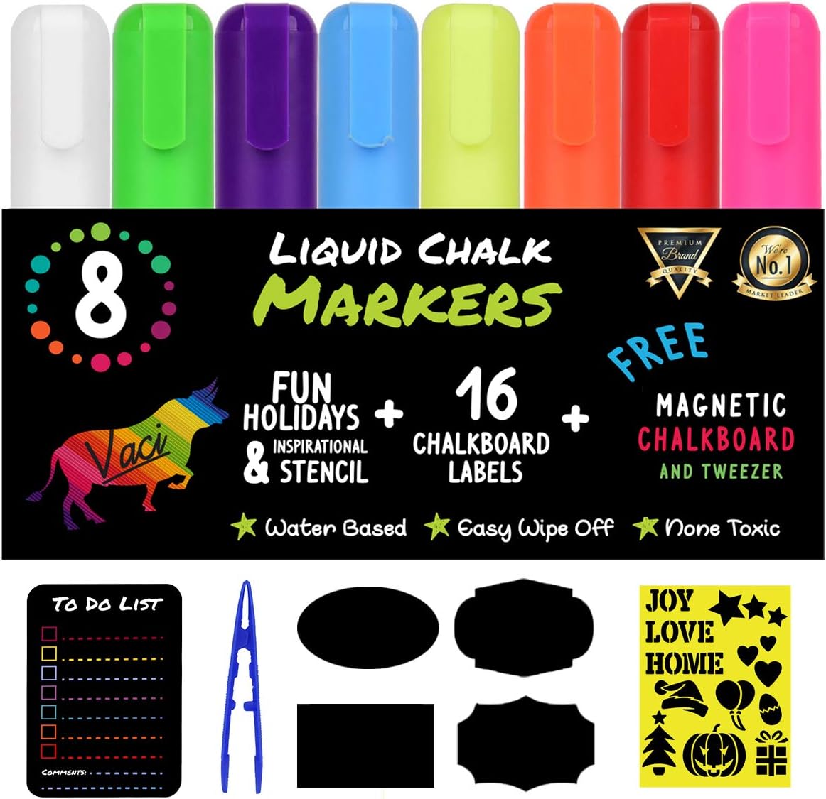 Vaci Markers 8 Multicolored Liquid Chalk Markers with Magnetic Blackboard, Stencils & Labels | Erasable, Non-Toxic, Water-Based | 6 mm Reversible Tip | On Windows, Glass & More | Kids & Adults