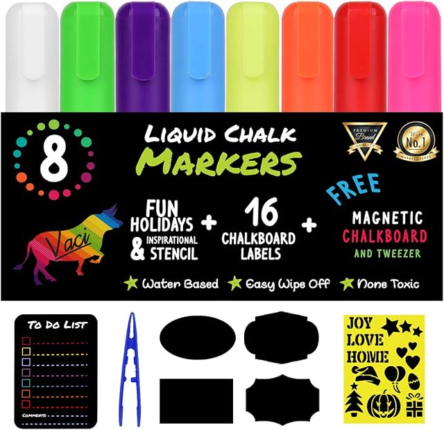 Vaci Markers Chalk Marker Set  8 Liquid Chalkboard Pens, Magnetic Blackboard, 16 Labels & Drawing Stencils  Washable, Erasable Chalk Paint for Crafts, Signs, Glass Windows  Bright Neon Colors