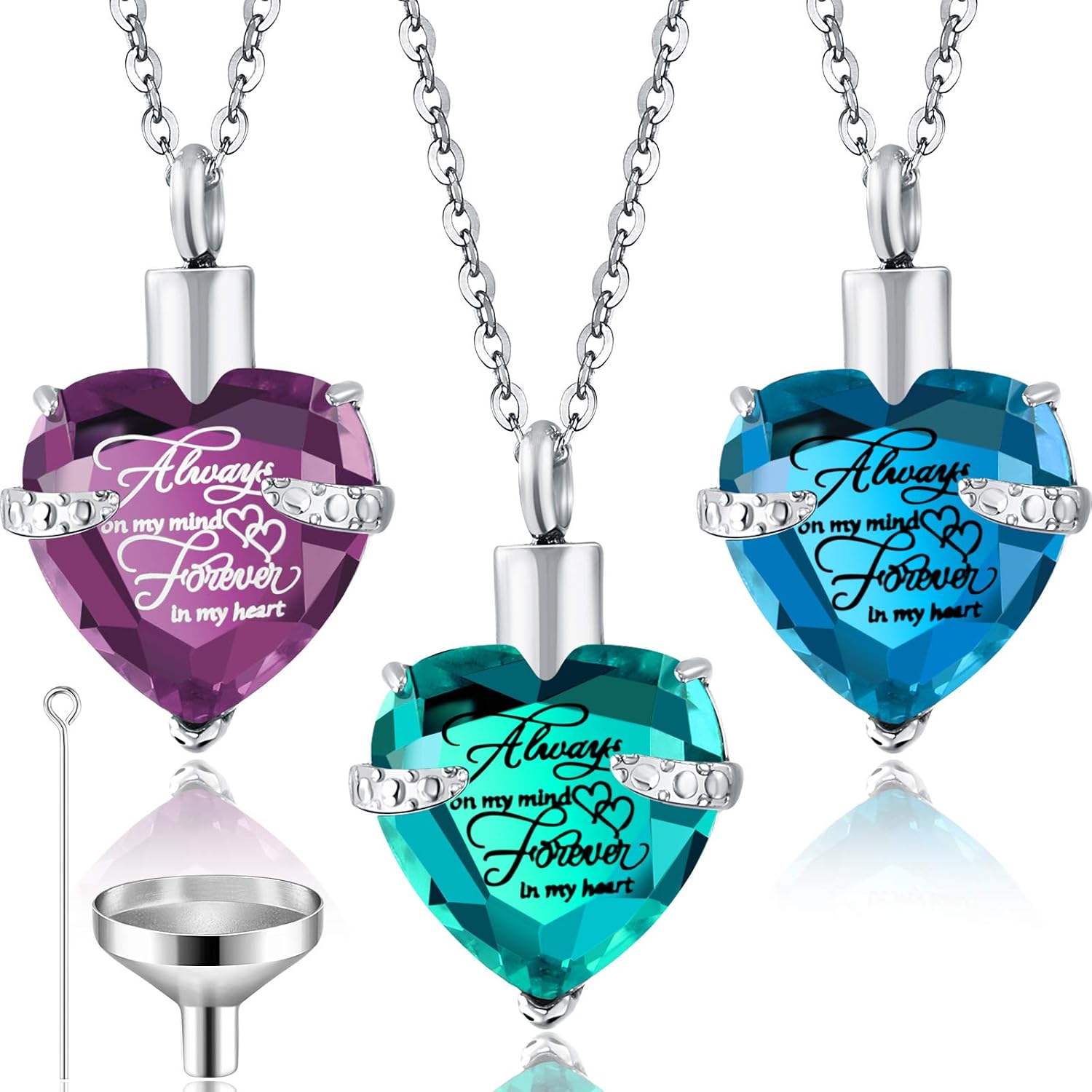 Heart Cremation Urn Necklace for Ashes Urn Stainless Steel Keepsake Waterproof Memorial Pendant Always on My Mind Forever in My Heart with Fill Kit (Purple, Ocean Blue, Blue,3 Pieces)
