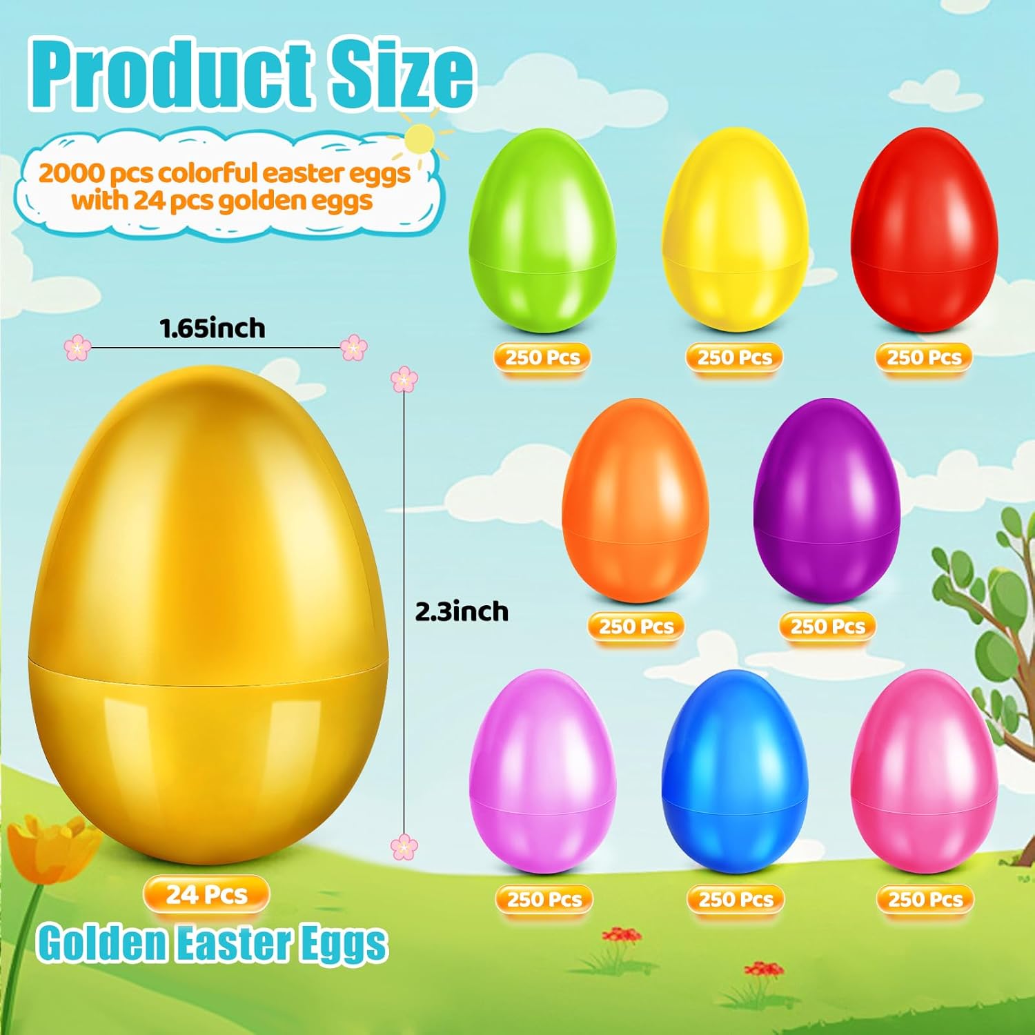 2024 Pcs Plastic Easter Eggs Bulk,2.3" 2000 Colorful Empty Easter Eggs Fillable and 24 Golden Eggs,Easter Basket Stuffers,Easter Egg Hunt,Community Party Favors,School Easter Activity Prizes