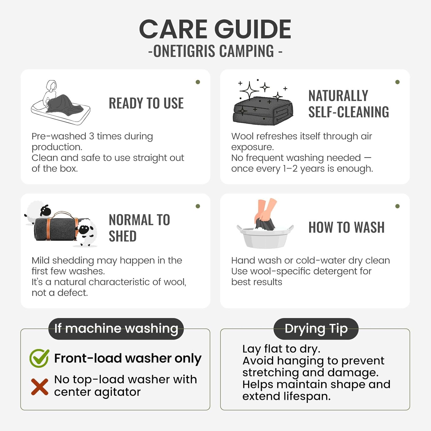 ONETIGRIS Wool Blanket,Wool Camping Blanket Warm, Thick, Washable, Large Car Blanket Great for Camping, Outdoors, Sporting Events, Survival Kits 64in x 87in