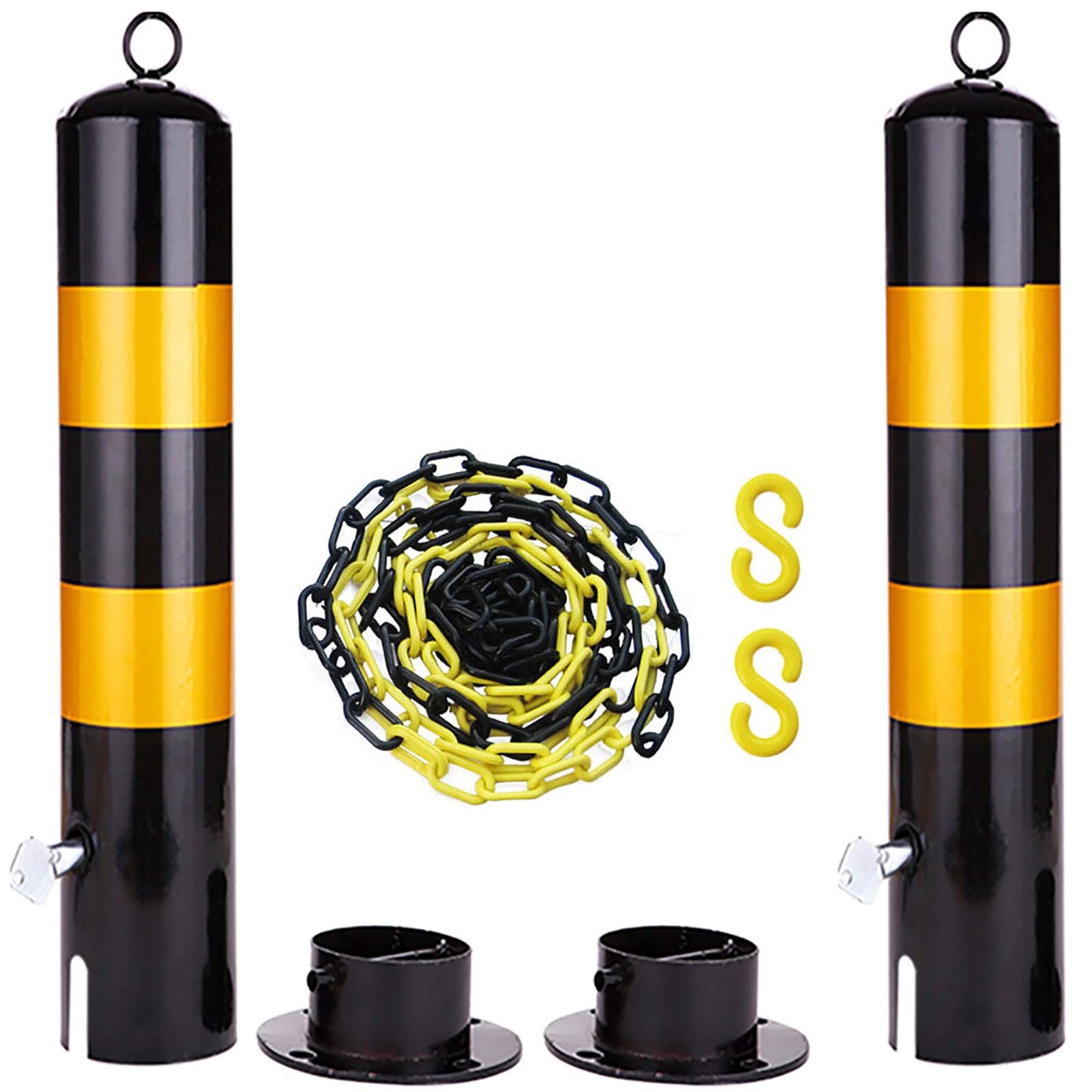 MOKLYF 2pcs Parking Barrier Bollard and Barrier Chain 5m Set Metal Posts and Plastic Chain Parking Bollards (60x11.4 cm)