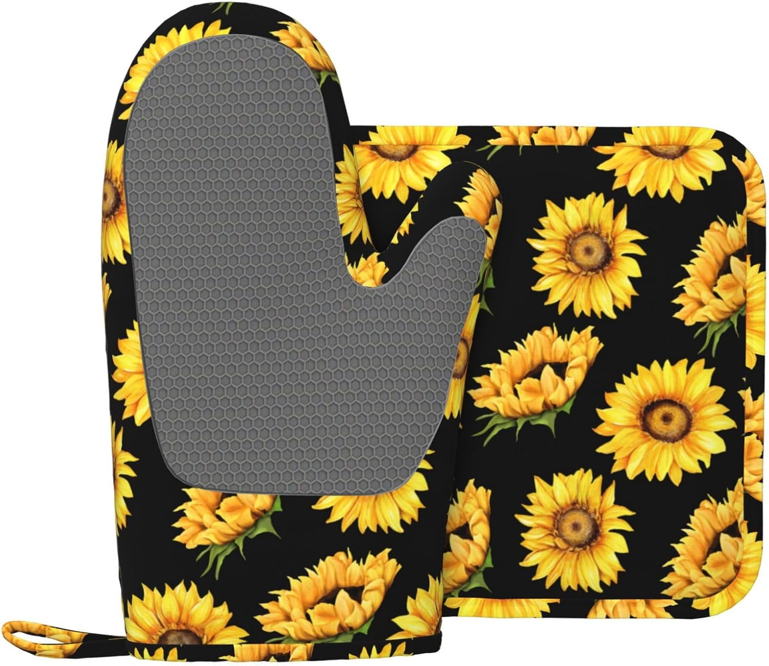 Sunflower Oven Mitts and Pot Holders Sets, Home Silicone Heat Resistant BBQ Gloves for Kitchen Baking Cooking Grilling Microwave