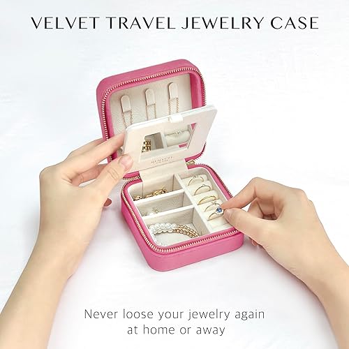 Miniatura 5 de BLUTETE Joyero organizador de viaje de terciopelo con anillos de espejo aretes collares caja organizadora de almacenamiento verde salvia