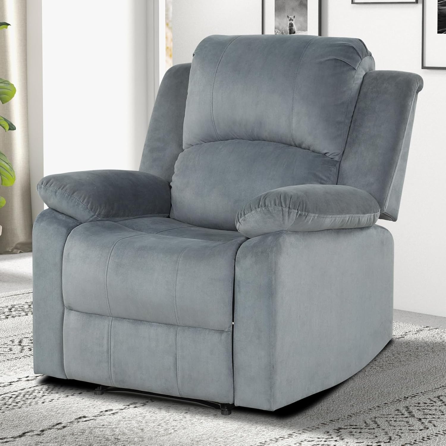 EBELLO Classic Manual Recliner Chair with Soft Padded Headrest and Armrest, Overstuffed Recliner Single Sofa Chair for Living Room, Bedroom, Grey