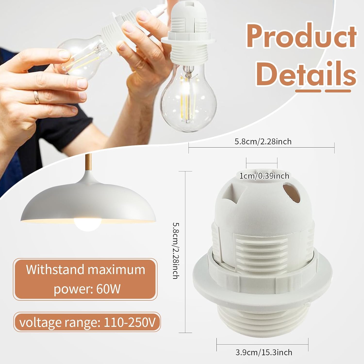 8Pack Lamp Socket, E26/E27 Light Bulb Socket Holder, Plastic Lamp Holder Light Socket with Shade Ring for Edison Bulbs Pendant Lamp