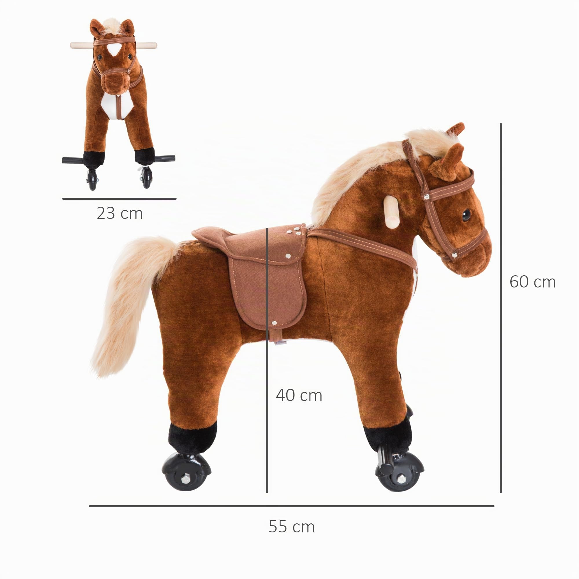HOMCOM Cavallo per bambini +36 mesi cavallo di peluche con 4 ruote, effetto sonoro, poggiapiedi e manubrio, portata 60 kg 55x23x60 cm Marrone
