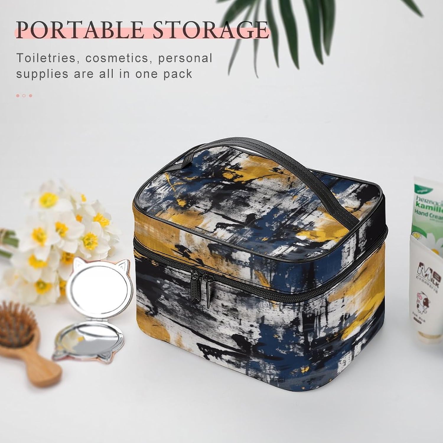 Navy Blue Color Makeup Bag with Handle Fashion Portable Travel Toiletry Bag Exquisite Large Capacity Cosmetic Bags Lightweight Travel Accessories Storage Bags for Women image 5