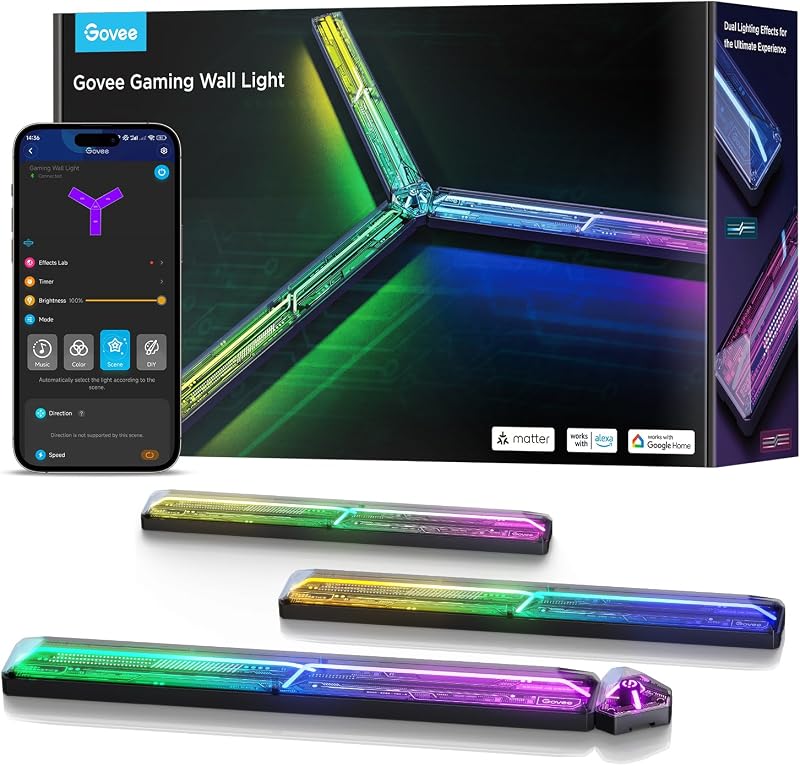 Lámpara de pared para juegos, lámpara de pared RGBIC Glide | Trabaje con Matter y Alexa, formas y efectos de iluminación de pared LED personalizados para bricolaje, luces de juego para sala de juegos