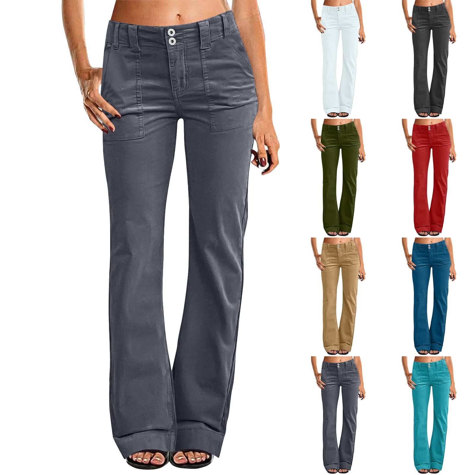 Womens Twill Wide Leg Pants Stretch Casual High Waisted Bootcut Chino Pants Baggy Flare Dress Pants with Pockets