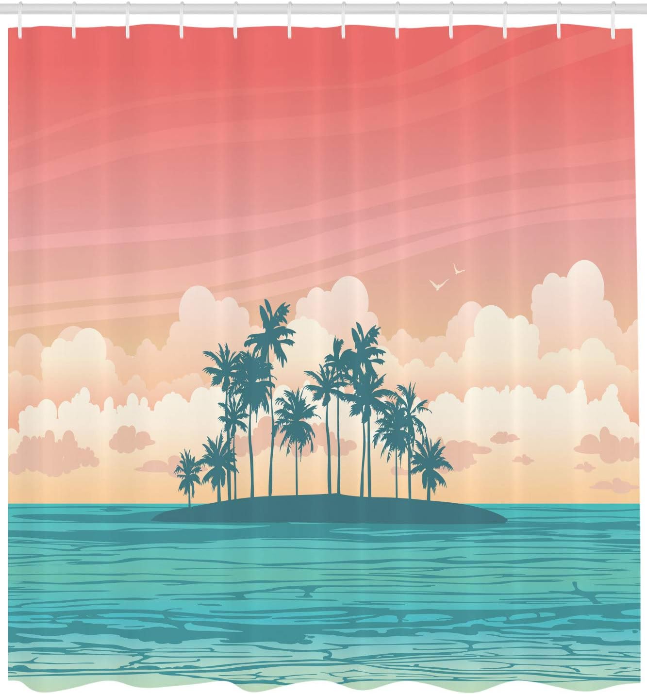 Lunarable Tropical Shower Curtain, Coconut Tree Silhouettes on Island Exotic Pastel Colored Landscape, Cloth Fabric Bathroom Decor Set with Hooks, 69" W x 75" L, Turquoise Coral and Peach